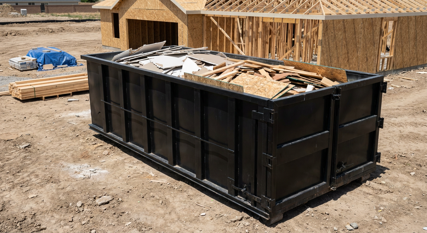 Matte-black 30-yard roll-off construction dumpster sitting directly on the compacted-dirt site of a framed single-family home build in Louisville, drywall and lumber scrap loaded inside.