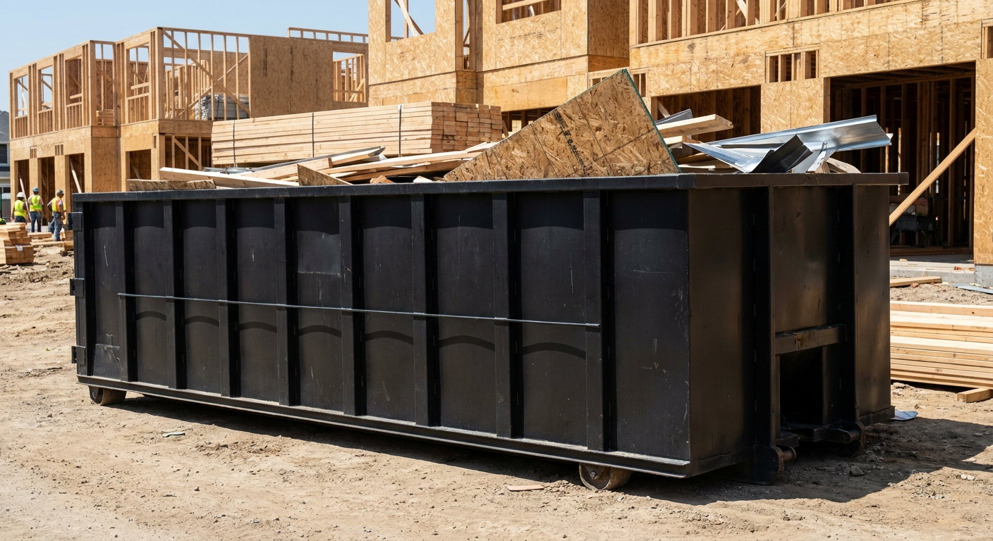 Matte-black 40-yard roll-off construction dumpster being lowered from a white-cab hooklift delivery truck onto the compacted-dirt jobsite at a commercial build site in Louisville