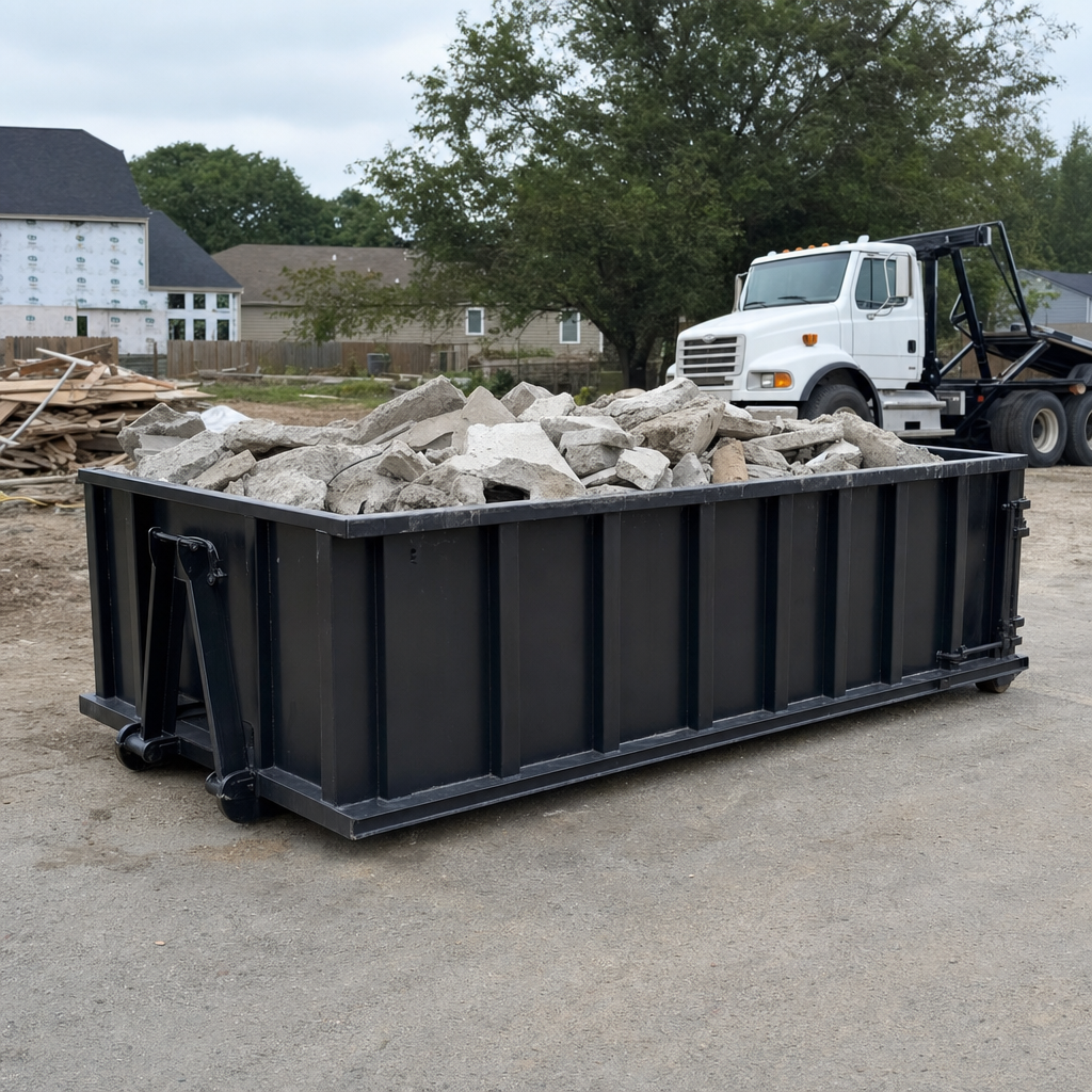 Low-profile matte-black lowboy roll-off dumpster loaded with broken concrete slab and rebar at a foundation tear-out in Louisville, skid steer parked beside it, sunny Colorado morning