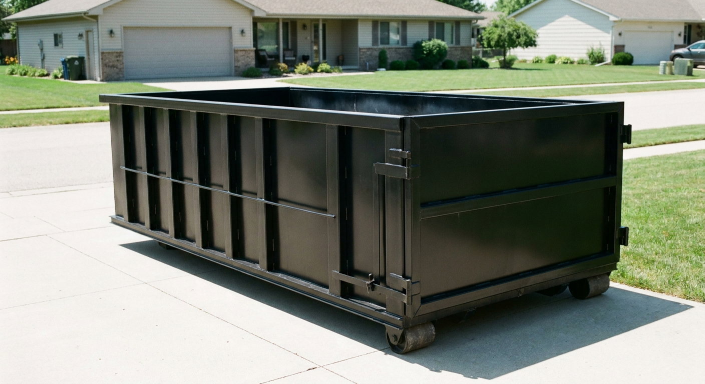 Matte-black 10-yard roll-off dumpster on a residential concrete driveway in Louisville, uniformly painted matte black across every panel and rail, ribbed steel sidewalls and rear swing door visible, mid-day daylight.