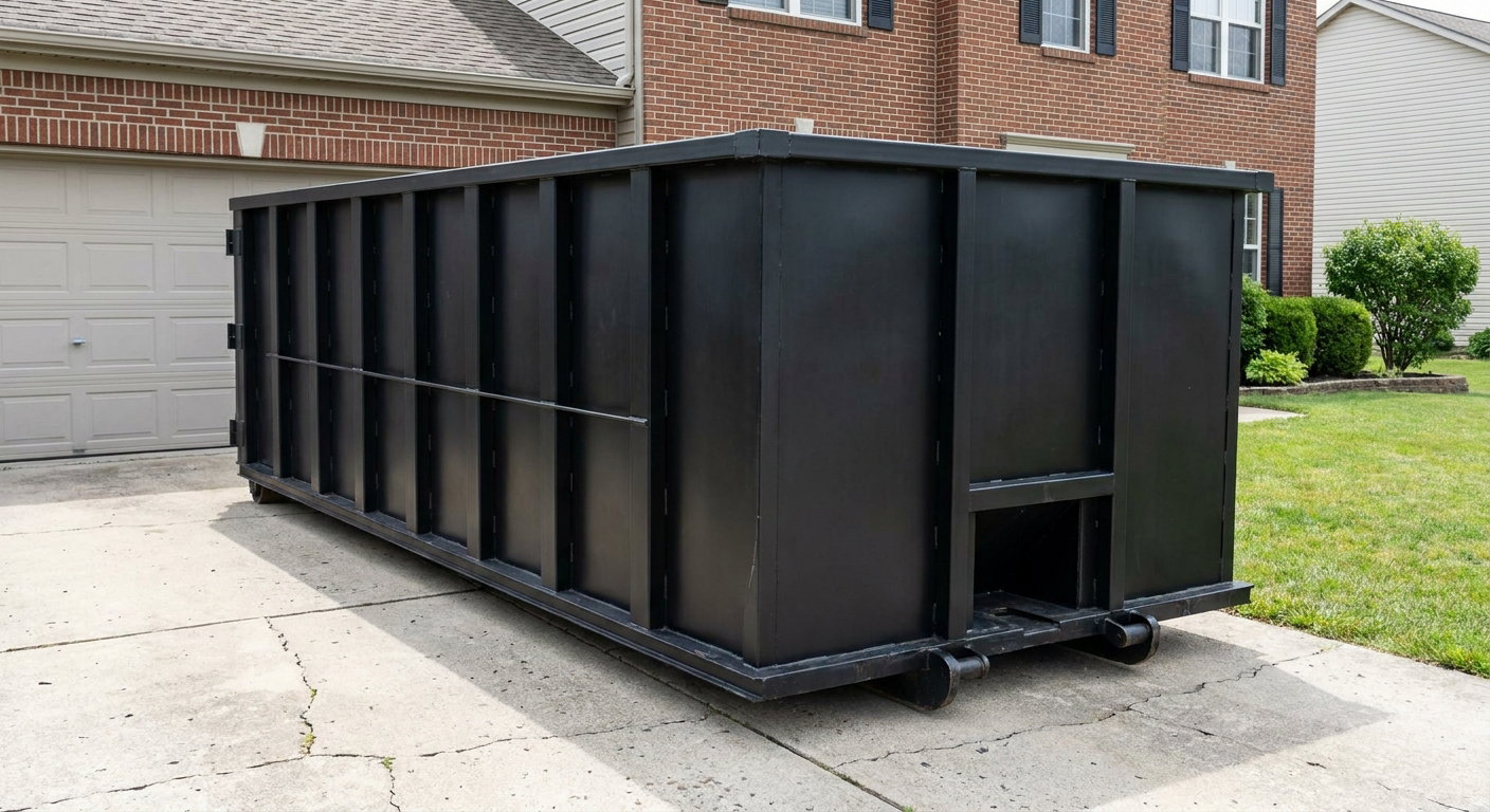 Matte-black 20-yard roll-off container on a Louisville residential concrete driveway with reinforced ribbed steel sidewalls and a hinged rear walk-in door, clean bright daylight.