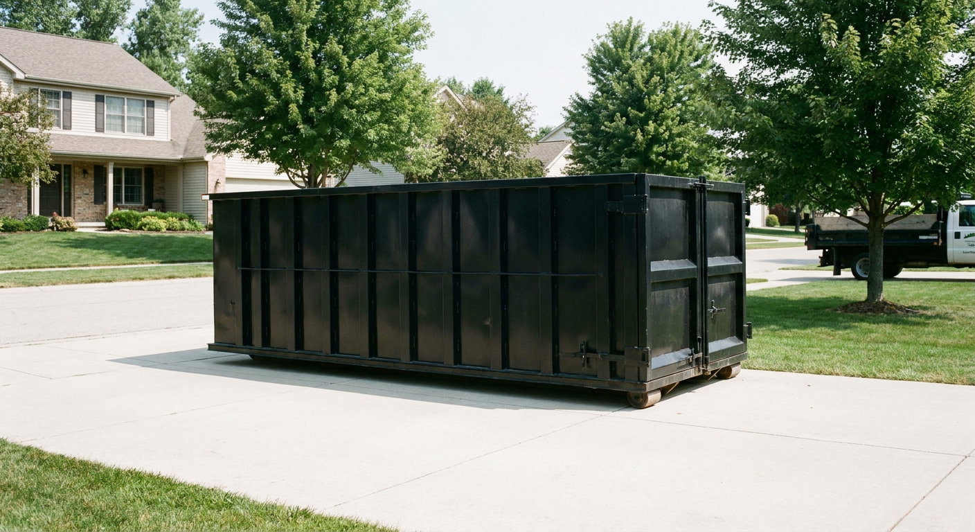 Matte-black 20-yard roll-off dumpster sitting level on a clean Louisville residential concrete driveway under bright daylight, demonstrating clean placement directly on the concrete.