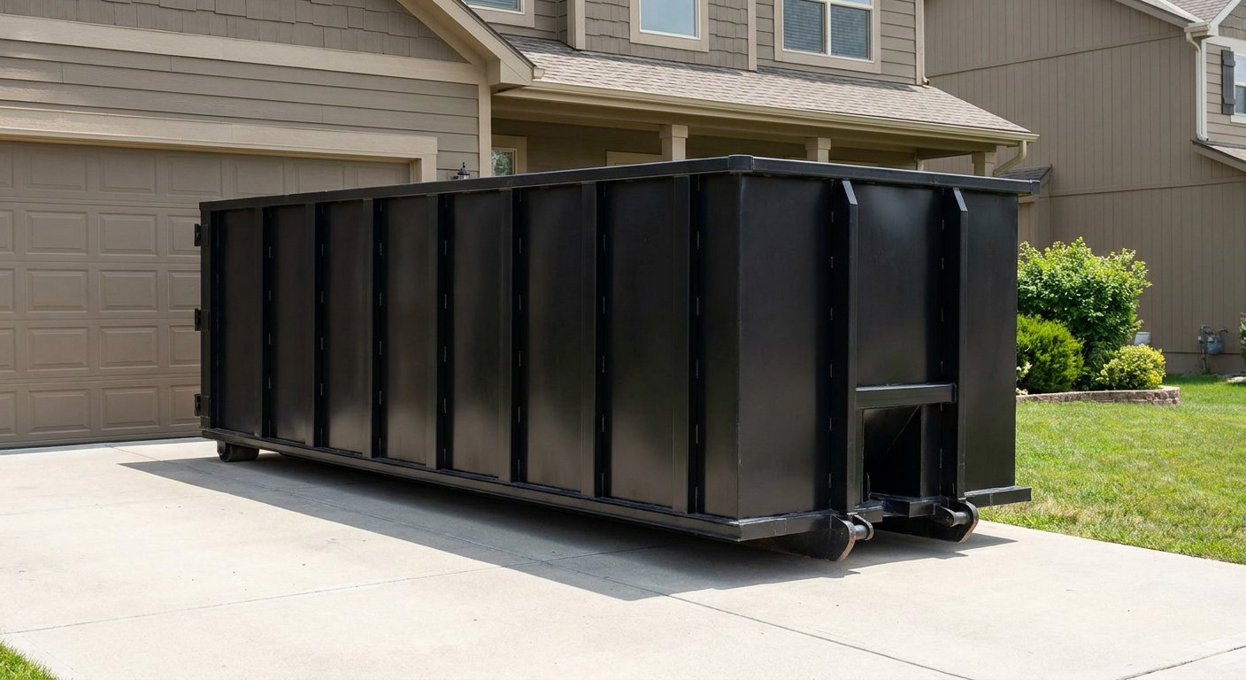 Matte-black residential roll-off dumpster sitting directly on a suburban Louisville concrete driveway, garage door closed, single-family home in background, bright morning daylight.