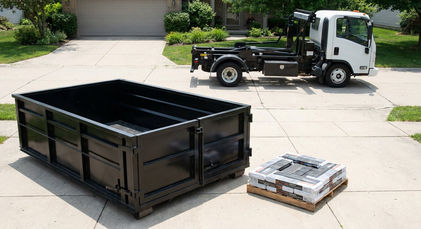 Matte-black 15-yard roofing roll-off dumpster with reinforced low side walls sitting directly on a Louisville residential concrete driveway, three-tab asphalt shingle bundles stacked nearby, an unmarked white hauler truck partially visible at the edge of the frame.