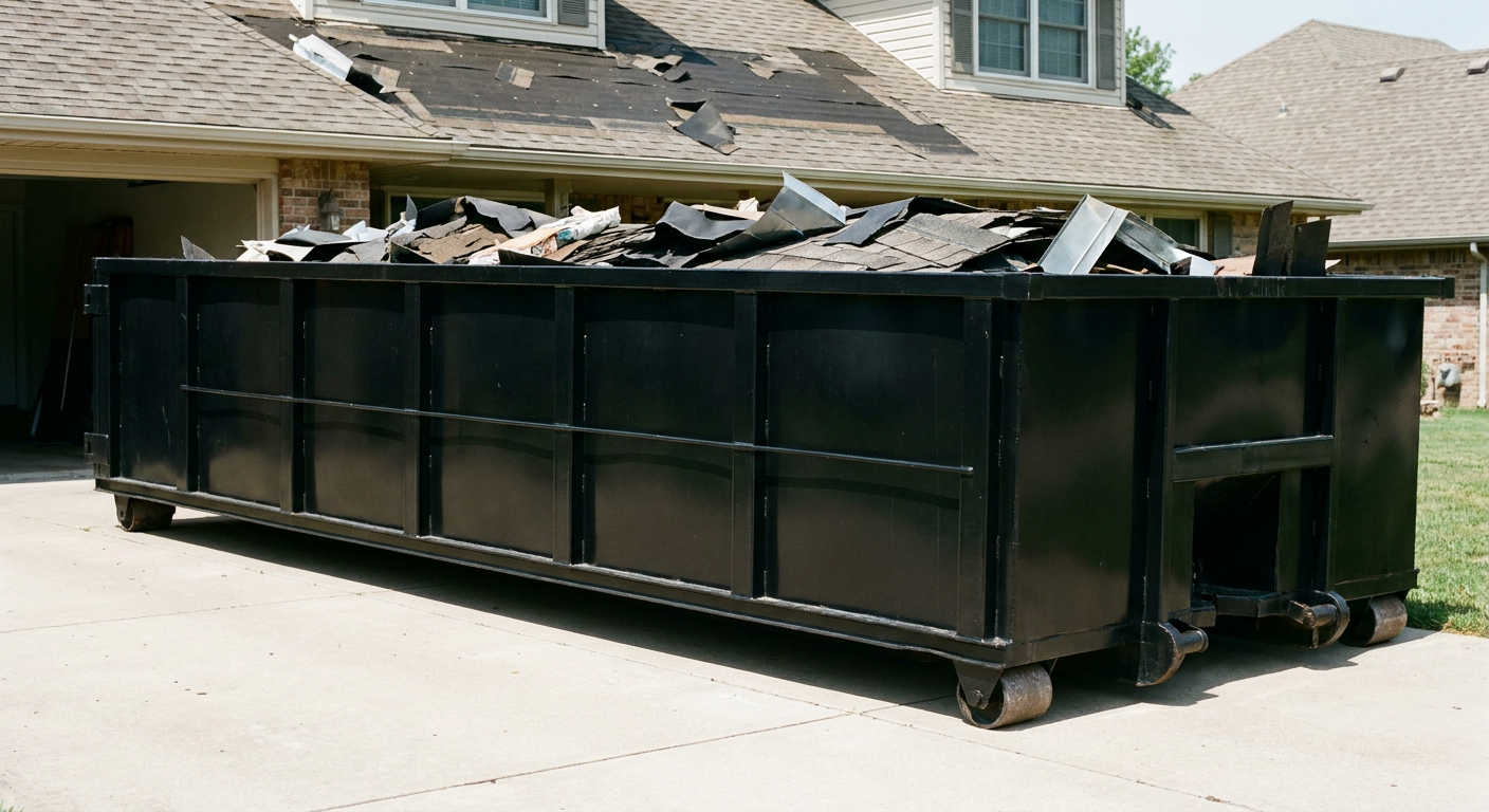 Matte-black 20-yard roofing roll-off dumpster with steel ribbed sides and swinging rear door, sitting directly on the concrete driveway of a two-story Louisville home, asphalt shingle debris being loaded over the low wall, clean documentary lighting.