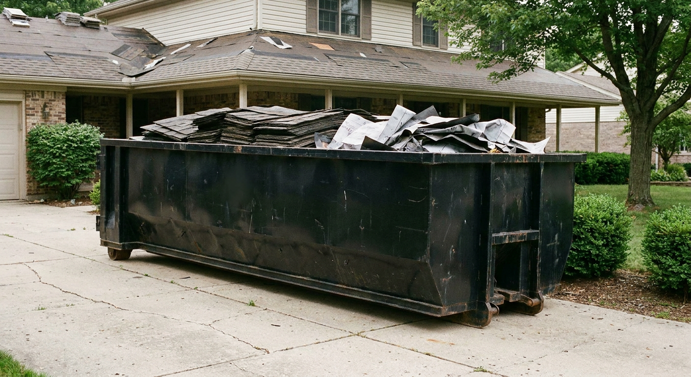 Matte-black 30-yard roofing roll-off dumpster sitting directly on a Louisville concrete driveway, taller ribbed steel side panels, mixed tear-off debris of asphalt shingles and underlayment inside, professional documentary daylight.