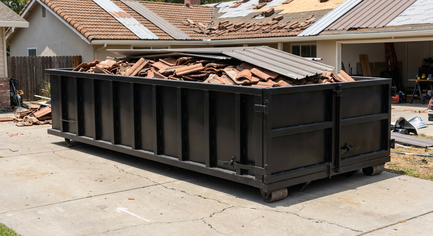 Matte-black low-wall heavy-debris roofing roll-off dumpster sitting directly on a Louisville concrete driveway, broken concrete clay roof tiles and metal panel sections loaded inside, reinforced ribbed steel side walls visible, bright outdoor daylight.