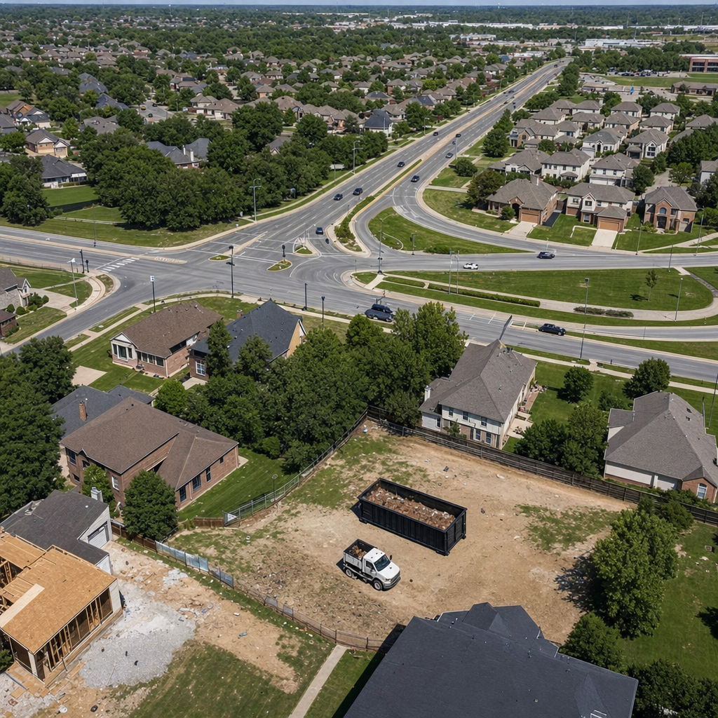 An overhead documentary view of the Louisville metro area at midday, showing the spread of neighborhoods, arterial roads, and the dispatch radius from a central yard — clean daylight, organized geographic layout.