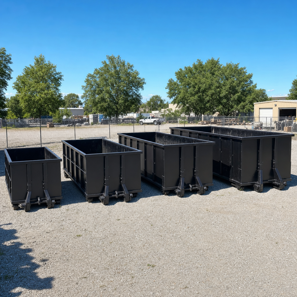 A clean lineup of matte-black roll-off dumpsters in 10, 20, 30, and 40-yard sizes staged on a sunlit gravel yard in Louisville, showing the size progression from compact to commercial-scale containers.