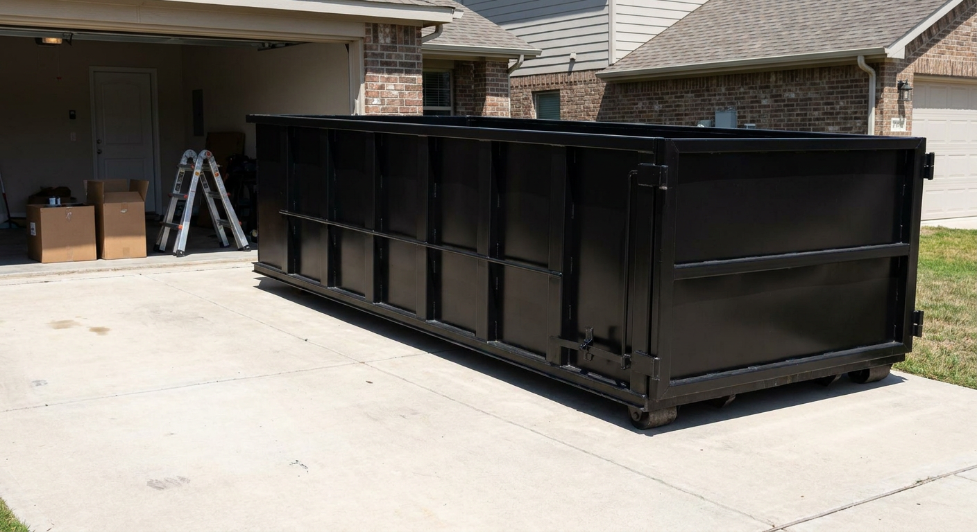 A matte-black 10-yard roll-off dumpster sitting directly on a residential Louisville concrete driveway, mid-day sunlight, clean and ready for a garage cleanout.